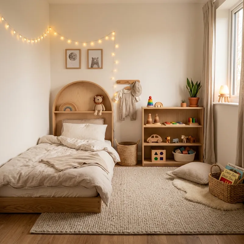 Quarto Montessori preparado para o sono do bebê com cama no chão