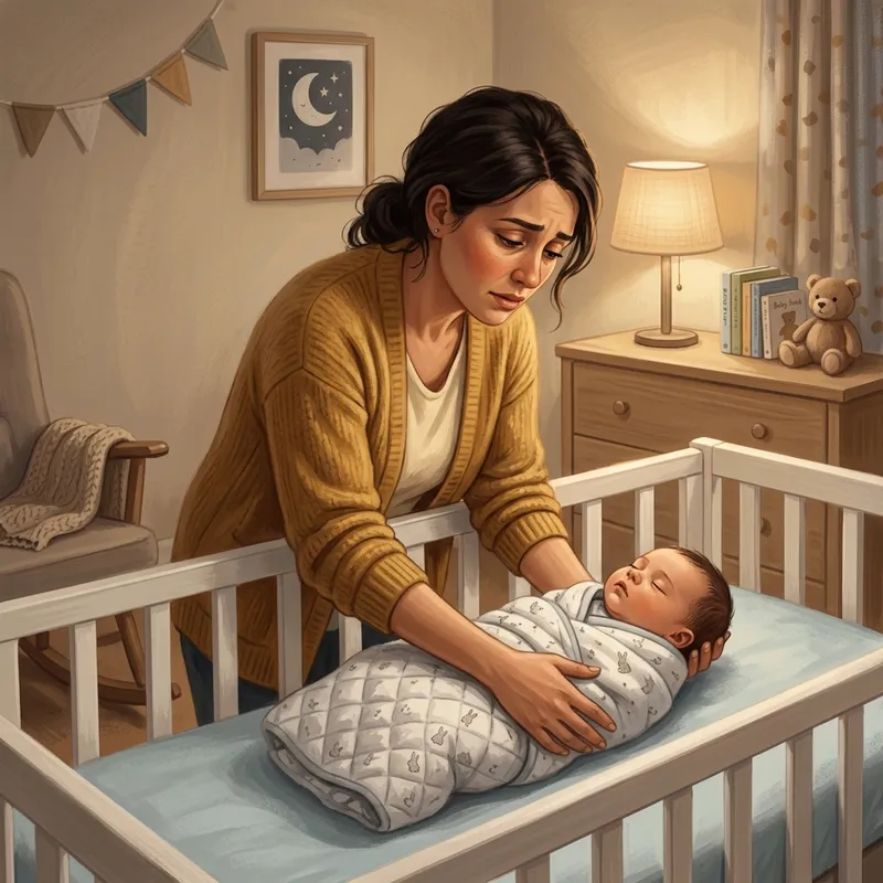Mãe colocando bebê para dormir no berço à noite